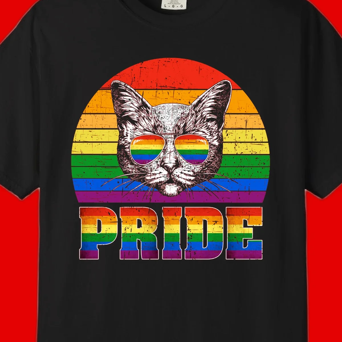 Illustration of a cool cat wearing rainbow-reflective sunglasses with the word PRIDE below, set against a rainbow striped background