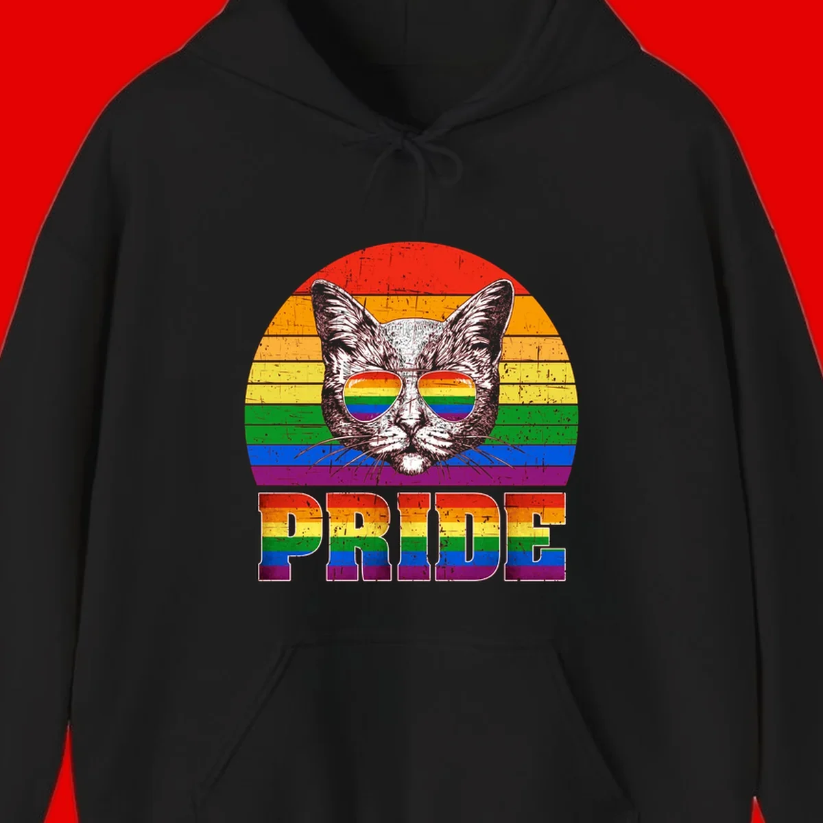 Illustration of a cool cat wearing rainbow-reflective sunglasses with the word PRIDE below, set against a rainbow striped background