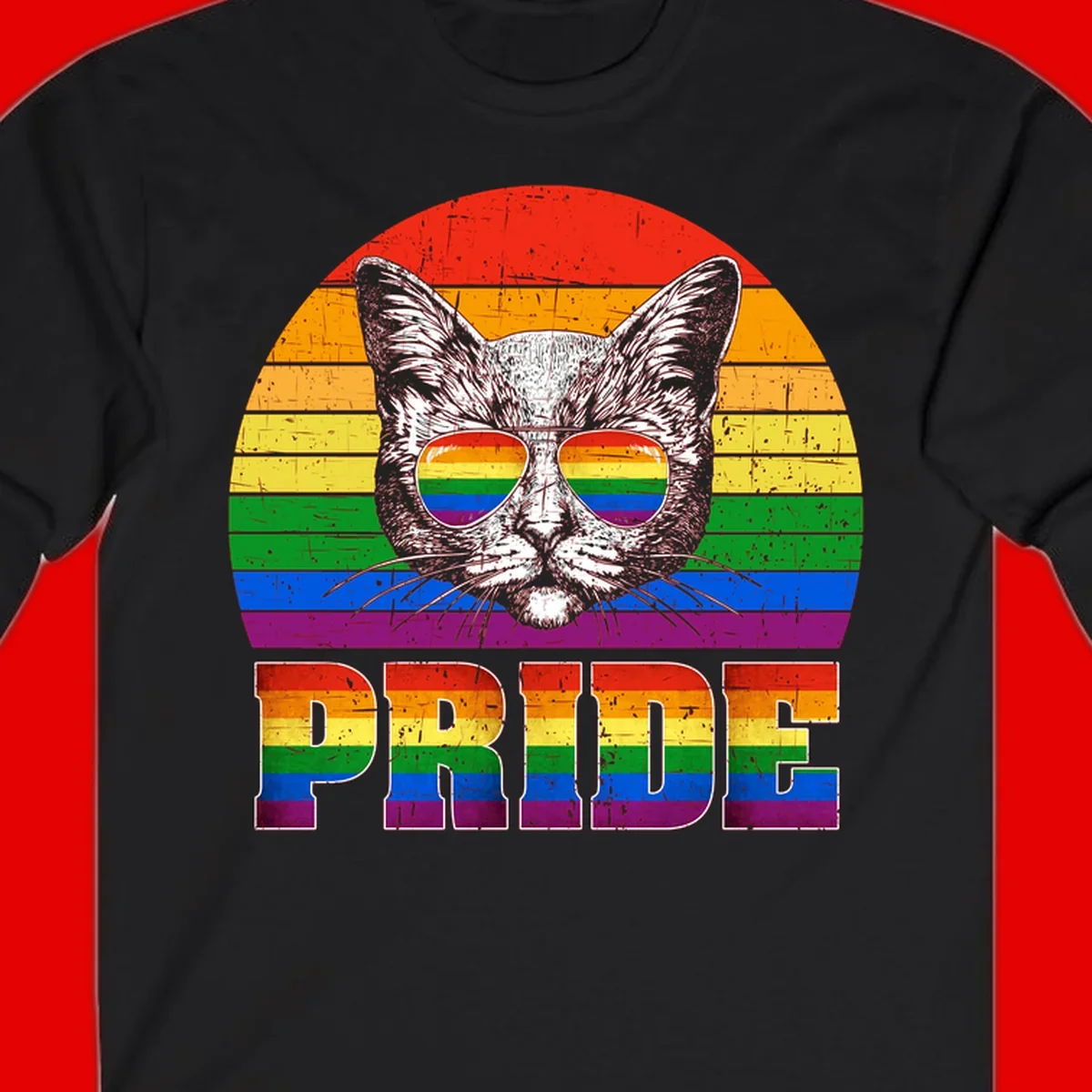 Illustration of a cool cat wearing rainbow-reflective sunglasses with the word PRIDE below, set against a rainbow striped background