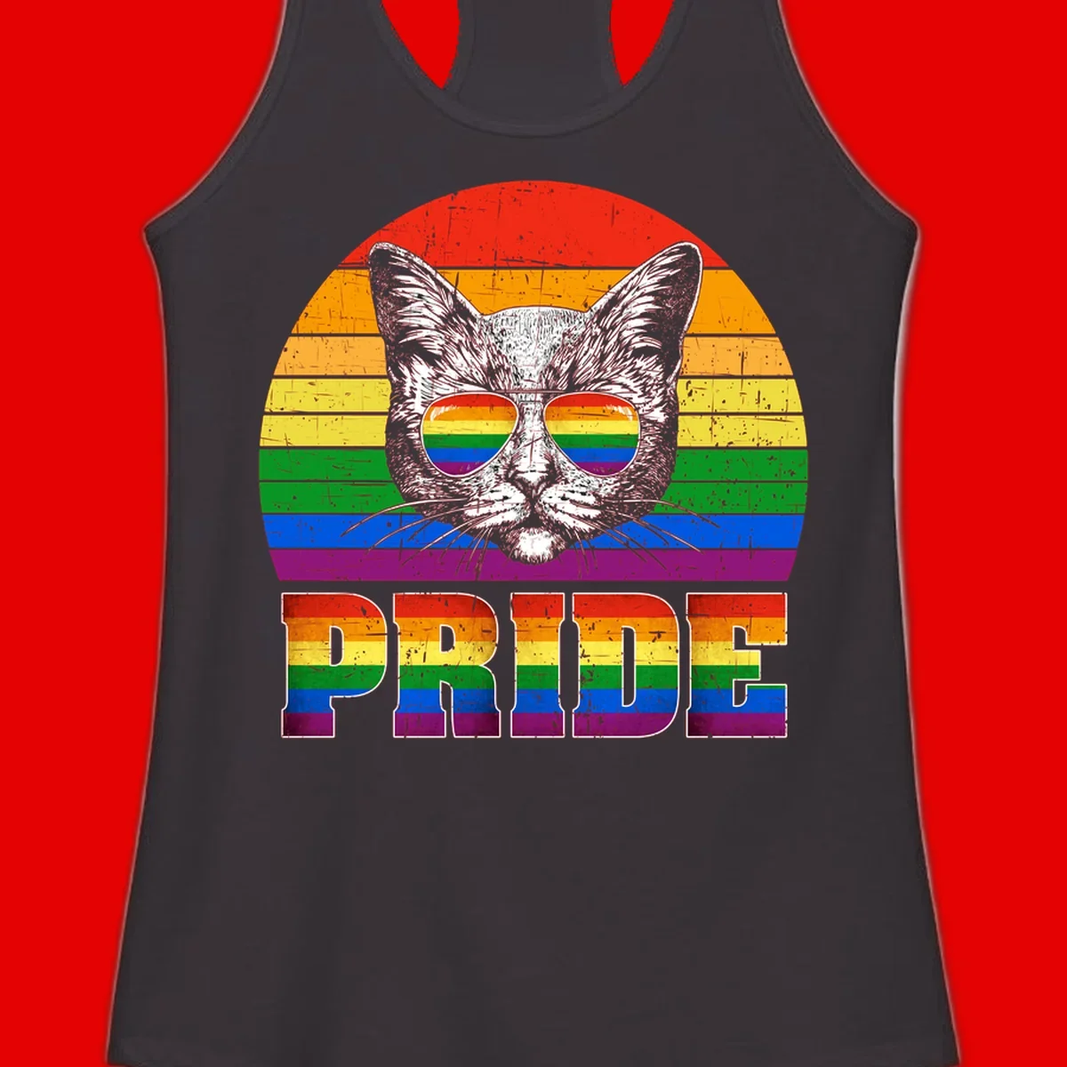 Illustration of a cool cat wearing rainbow-reflective sunglasses with the word PRIDE below, set against a rainbow striped background