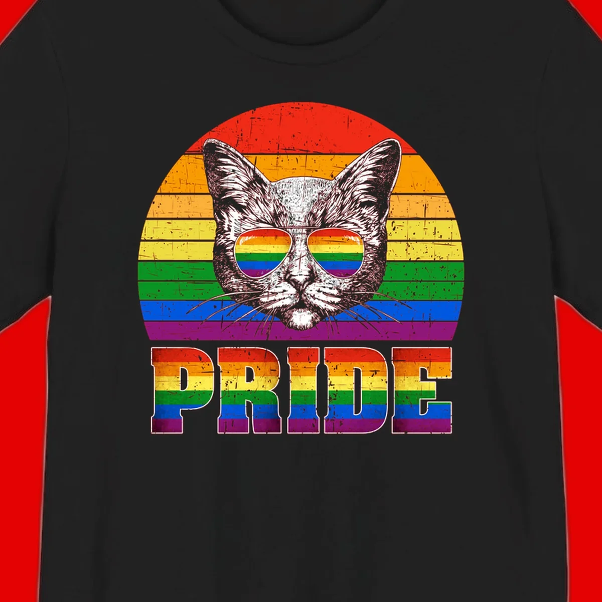 Illustration of a cool cat wearing rainbow-reflective sunglasses with the word PRIDE below, set against a rainbow striped background