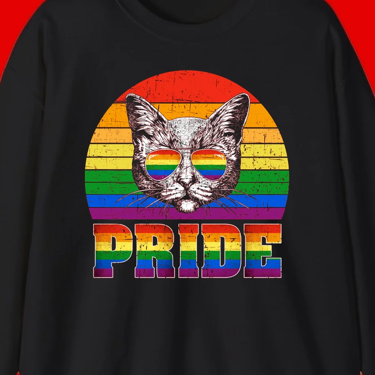 Illustration of a cool cat wearing rainbow-reflective sunglasses with the word PRIDE below, set against a rainbow striped background