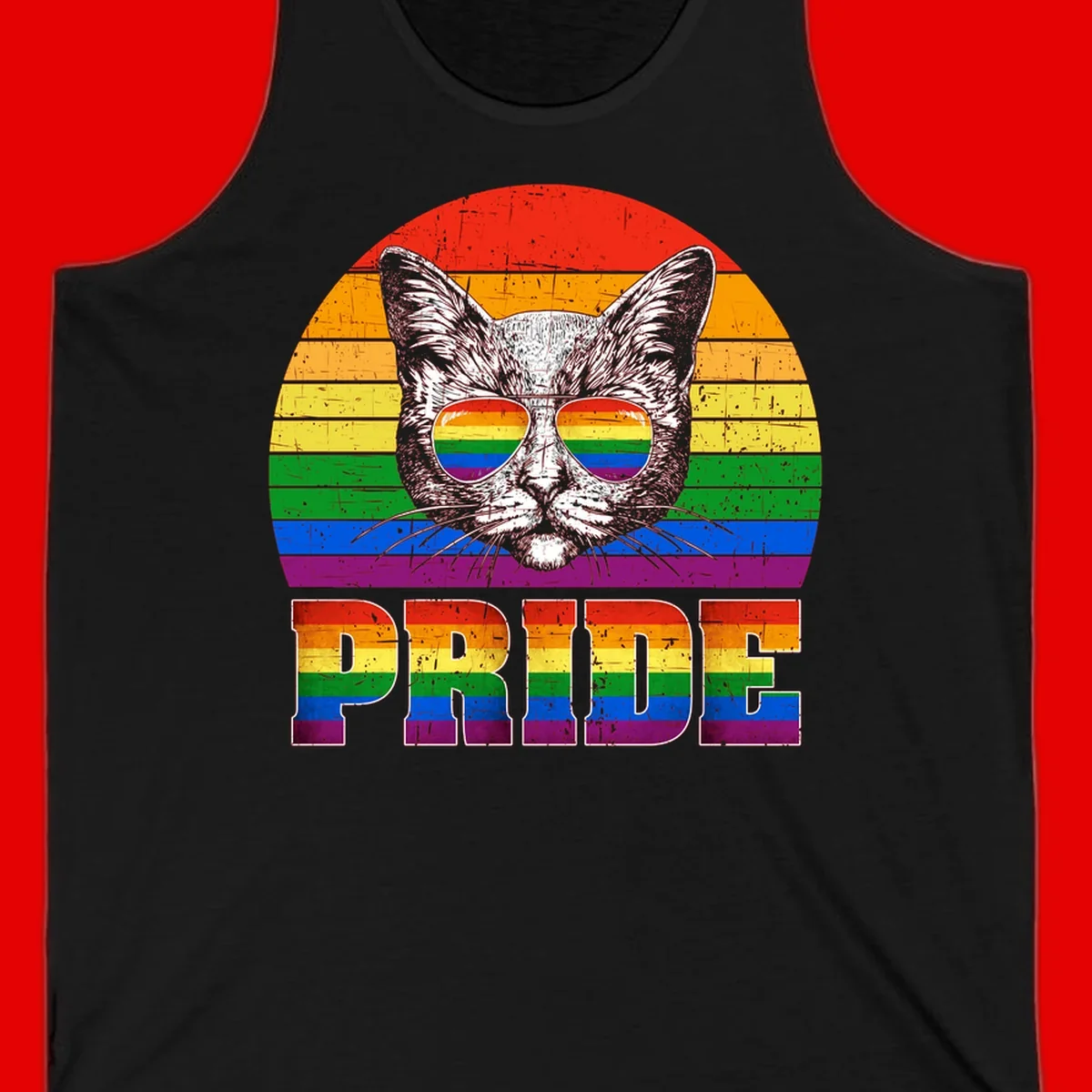 Illustration of a cool cat wearing rainbow-reflective sunglasses with the word PRIDE below, set against a rainbow striped background