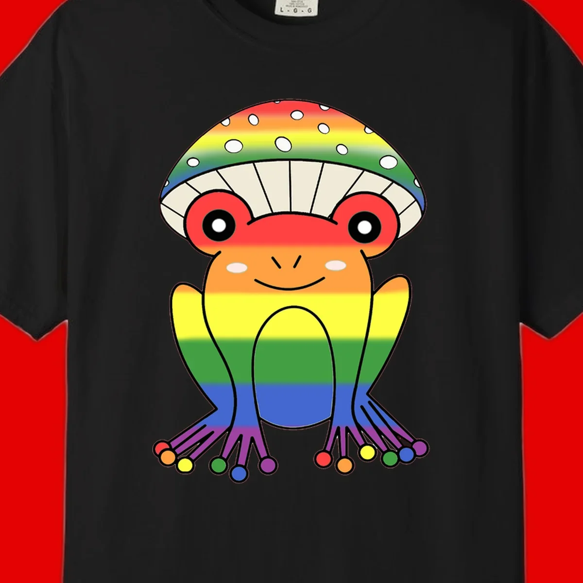 Cute rainbow mushroom character with spotted cap, large smiling eyes, and colorful gradient-filled body in pride colors
