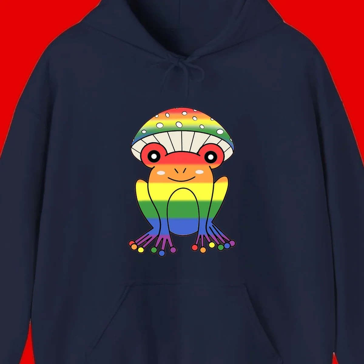 Cute rainbow mushroom character with spotted cap, large smiling eyes, and colorful gradient-filled body in pride colors