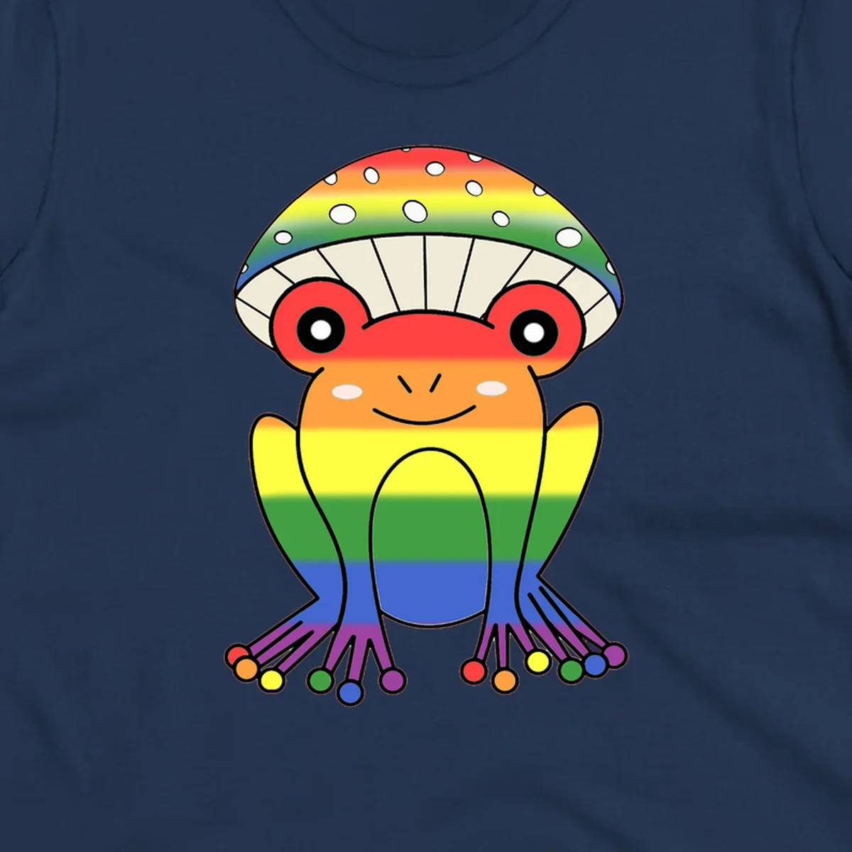 Cute rainbow mushroom character with spotted cap, large smiling eyes, and colorful gradient-filled body in pride colors