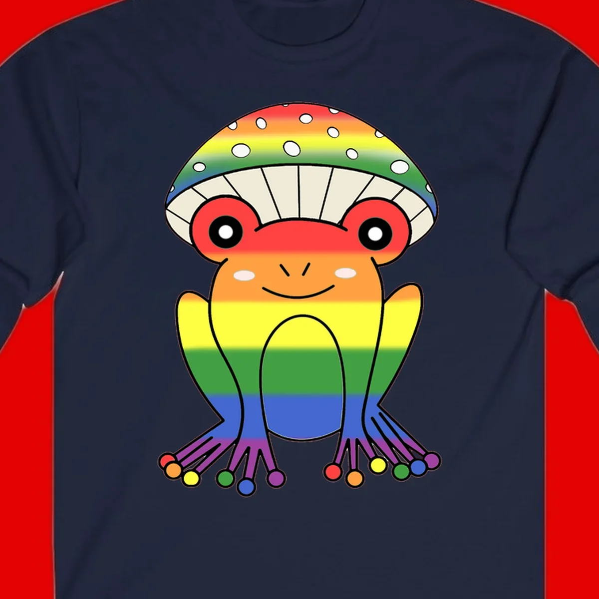 Cute rainbow mushroom character with spotted cap, large smiling eyes, and colorful gradient-filled body in pride colors