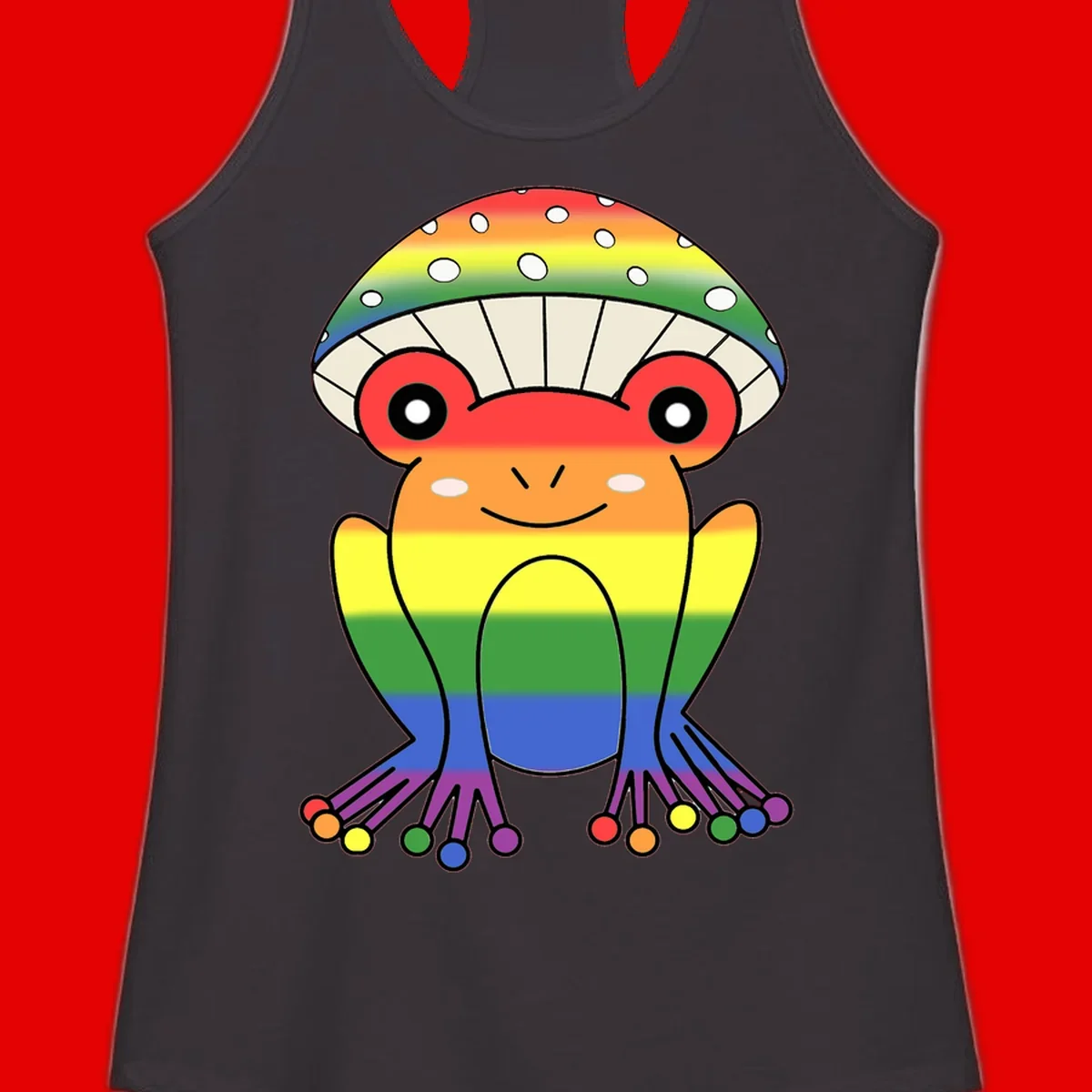 Cute rainbow mushroom character with spotted cap, large smiling eyes, and colorful gradient-filled body in pride colors