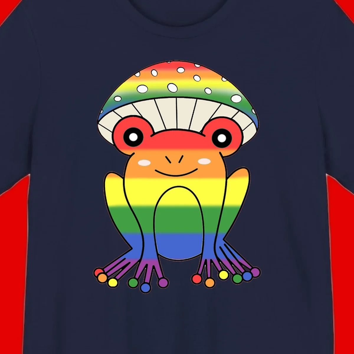 Cute rainbow mushroom character with spotted cap, large smiling eyes, and colorful gradient-filled body in pride colors