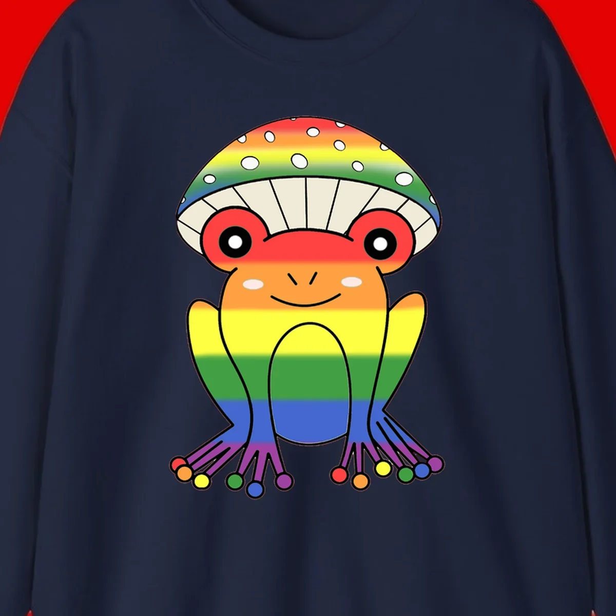 Cute rainbow mushroom character with spotted cap, large smiling eyes, and colorful gradient-filled body in pride colors