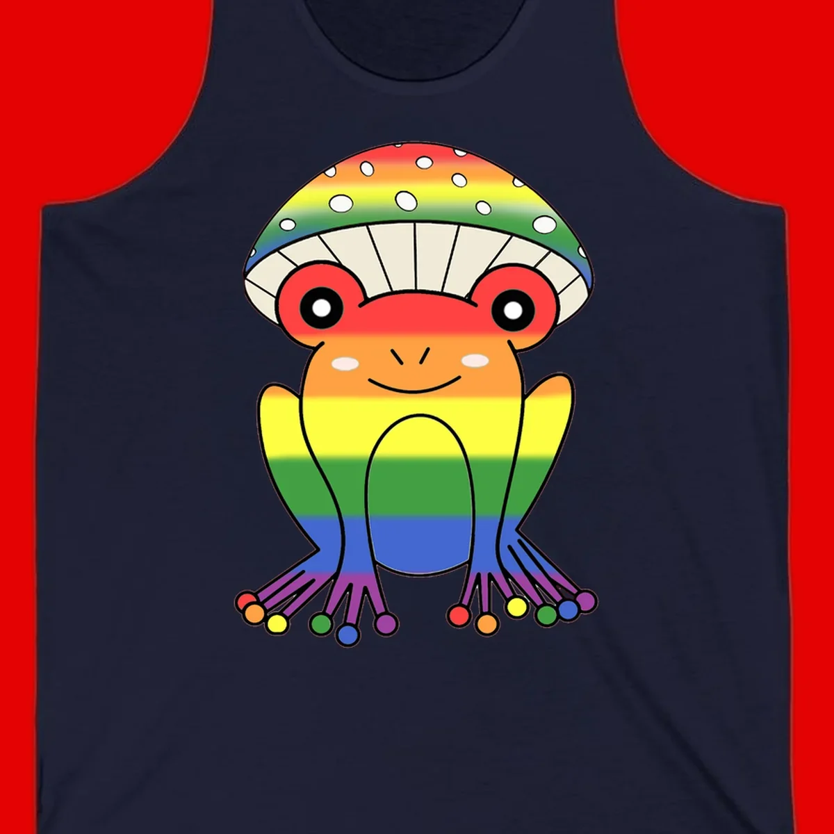 Cute rainbow mushroom character with spotted cap, large smiling eyes, and colorful gradient-filled body in pride colors