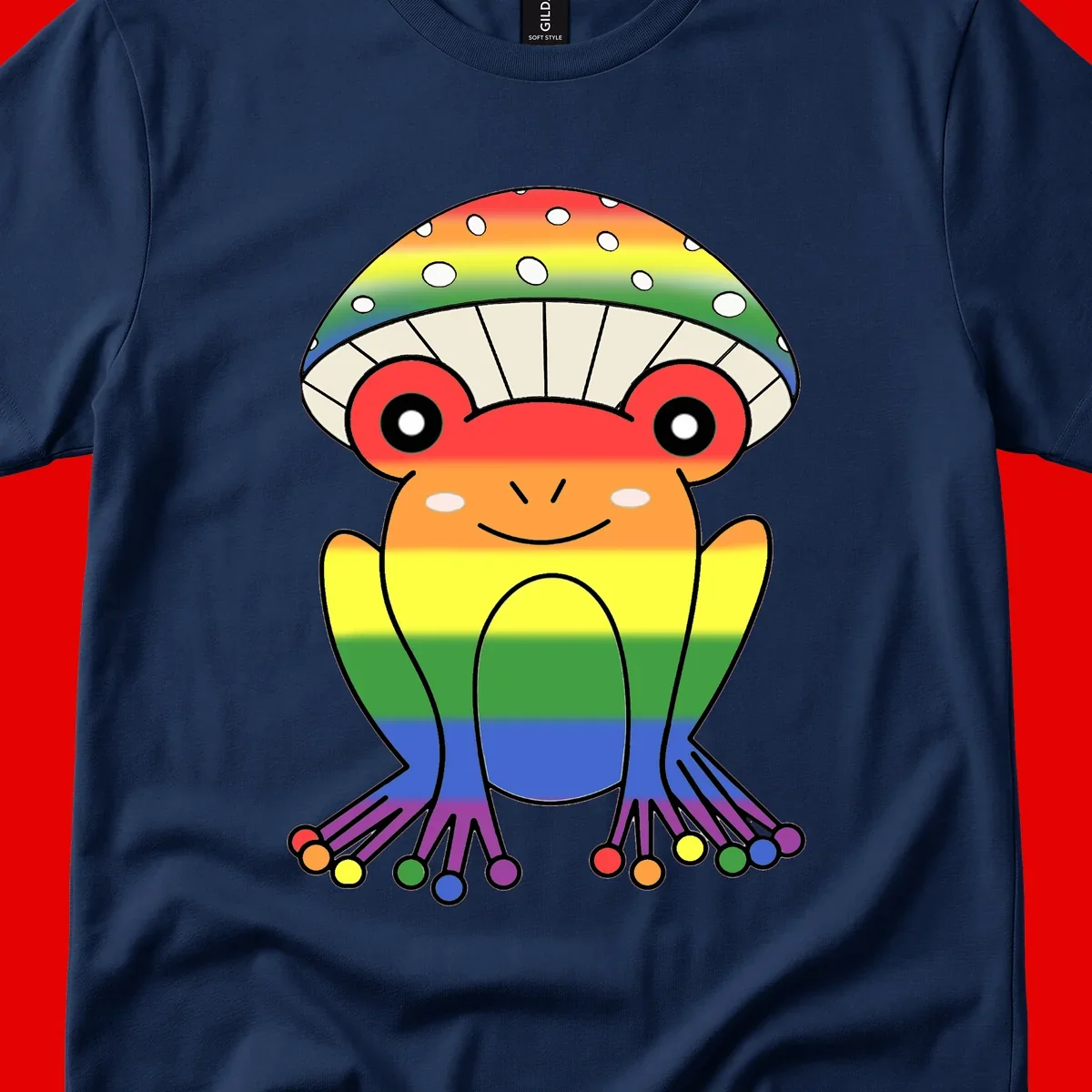 Cute rainbow mushroom character with spotted cap, large smiling eyes, and colorful gradient-filled body in pride colors