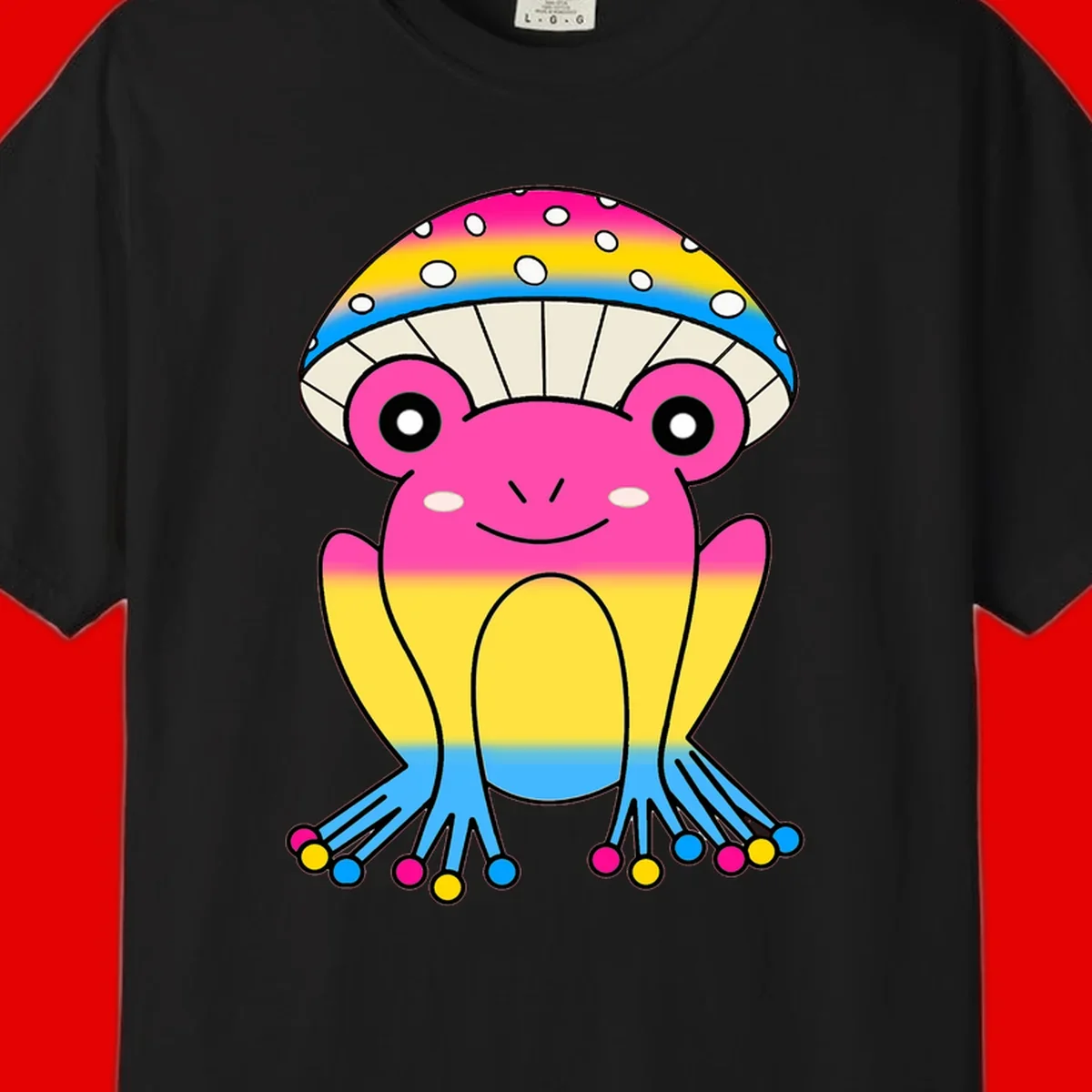 Smiling rainbow jellyfish character with magenta body, gradient stripes, large eyes, and colorful polka-dot tentacles