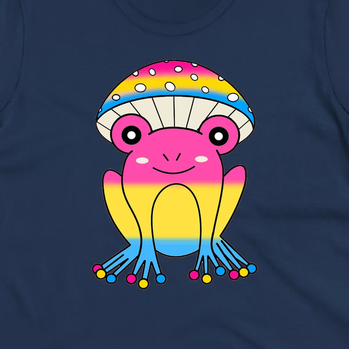 Smiling rainbow jellyfish character with magenta body, gradient stripes, large eyes, and colorful polka-dot tentacles