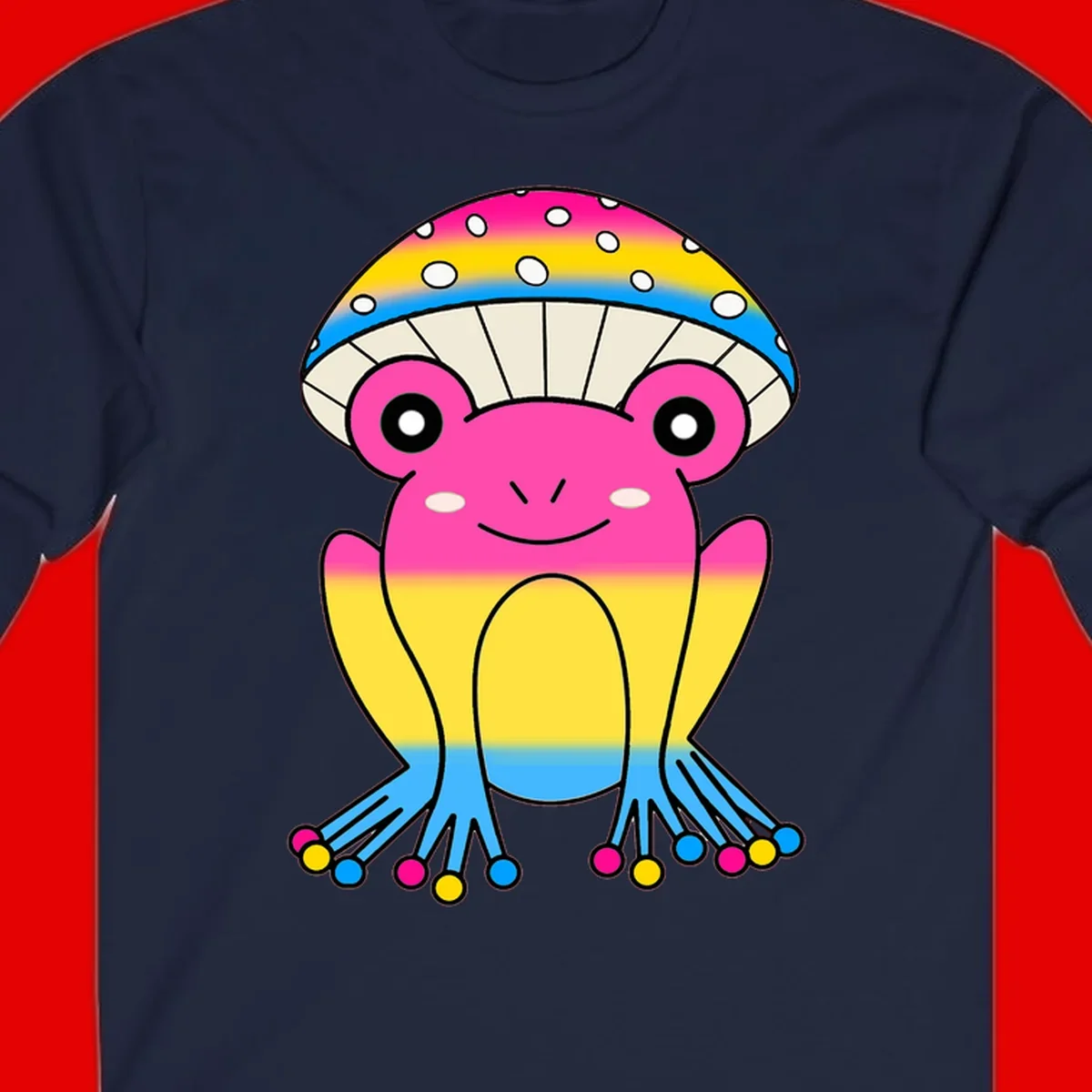 Smiling rainbow jellyfish character with magenta body, gradient stripes, large eyes, and colorful polka-dot tentacles