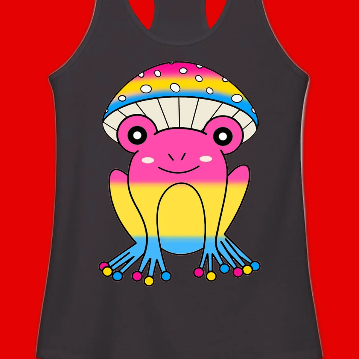 Smiling rainbow jellyfish character with magenta body, gradient stripes, large eyes, and colorful polka-dot tentacles