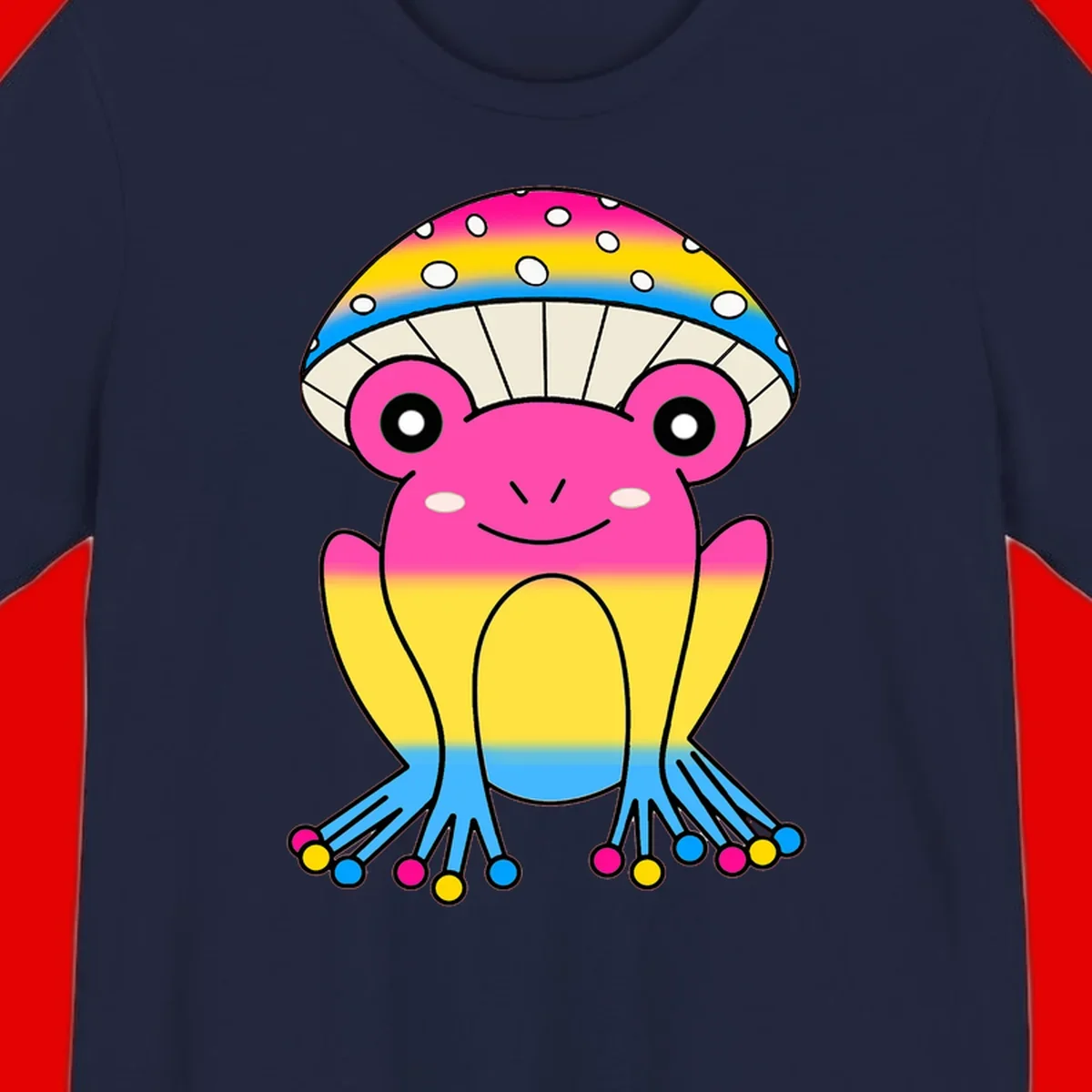 Smiling rainbow jellyfish character with magenta body, gradient stripes, large eyes, and colorful polka-dot tentacles