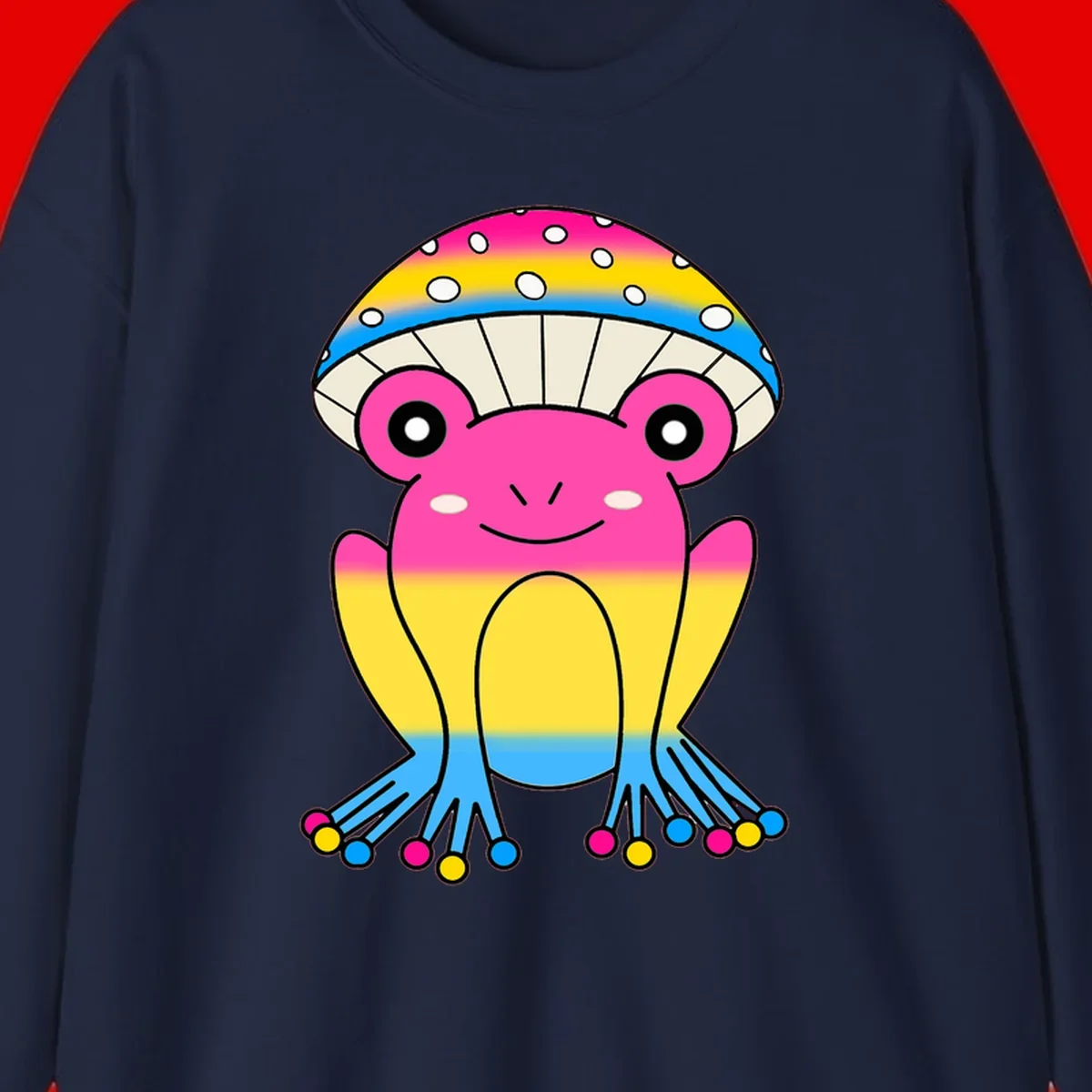 Smiling rainbow jellyfish character with magenta body, gradient stripes, large eyes, and colorful polka-dot tentacles