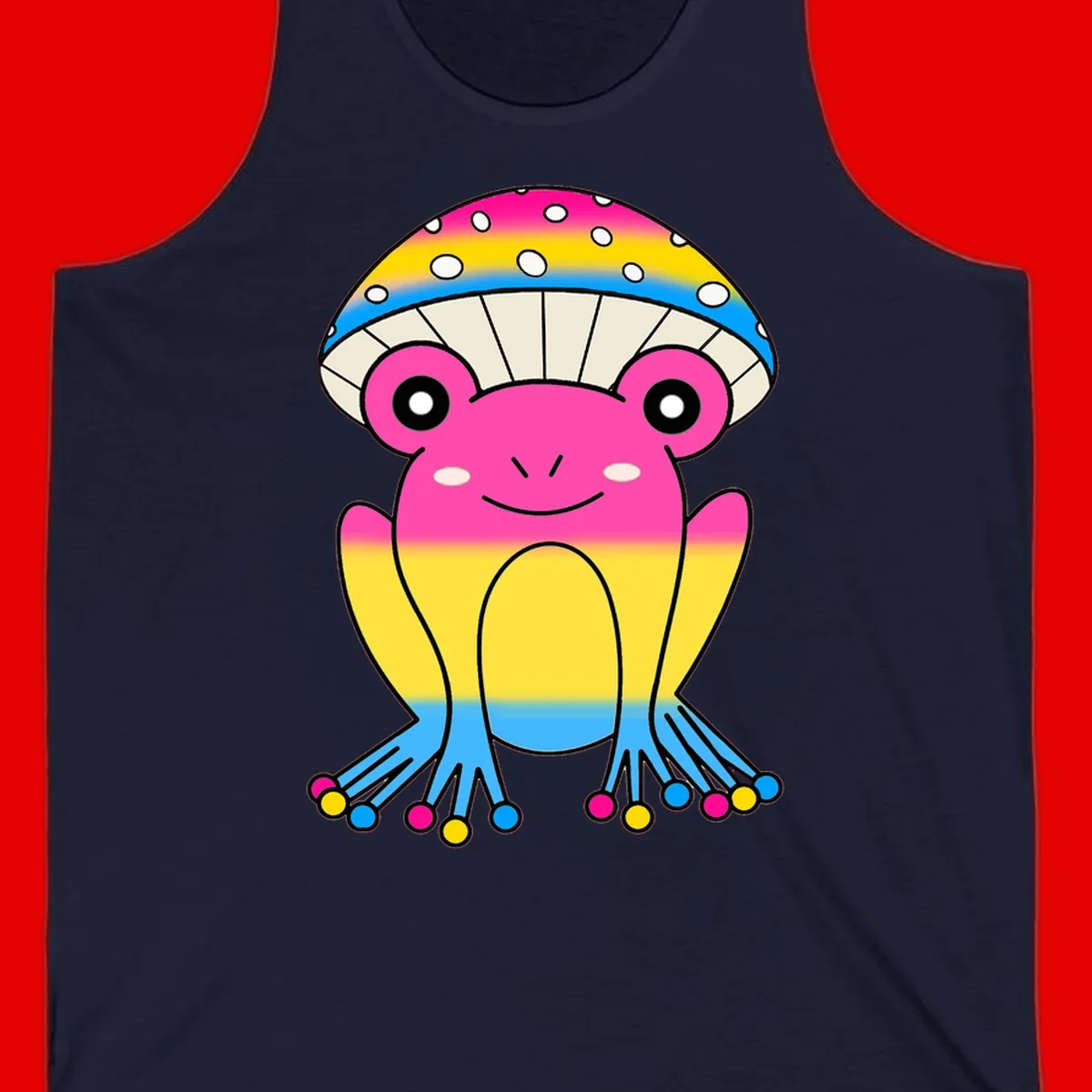 Smiling rainbow jellyfish character with magenta body, gradient stripes, large eyes, and colorful polka-dot tentacles