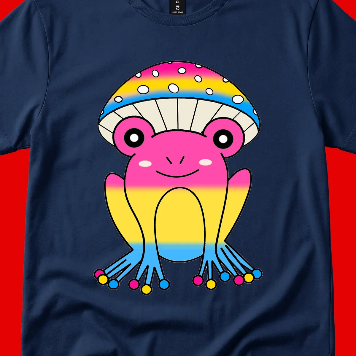 Smiling rainbow jellyfish character with magenta body, gradient stripes, large eyes, and colorful polka-dot tentacles