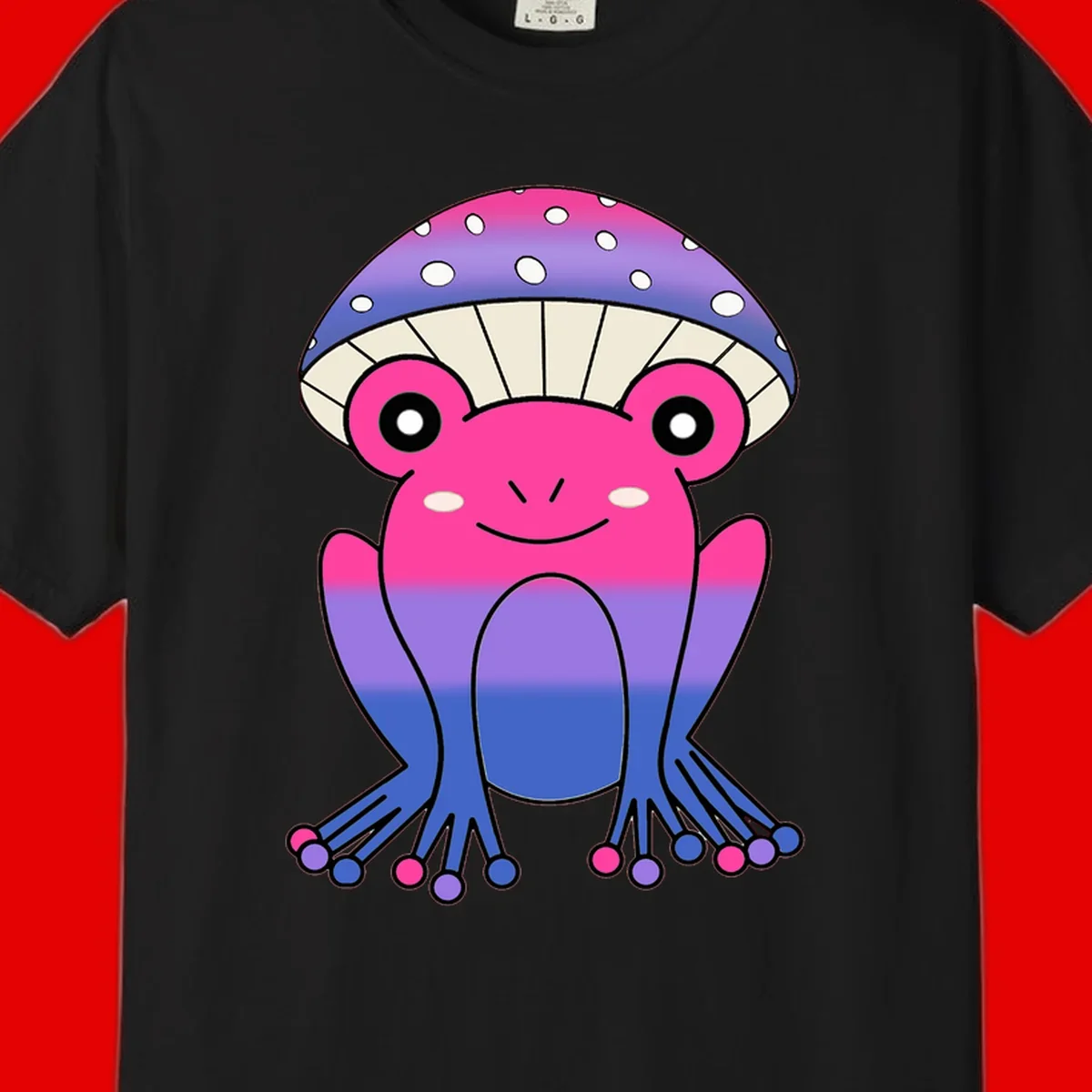 Cute smiling frog character with rainbow gradient body and polka-dotted mushroom cap umbrella design