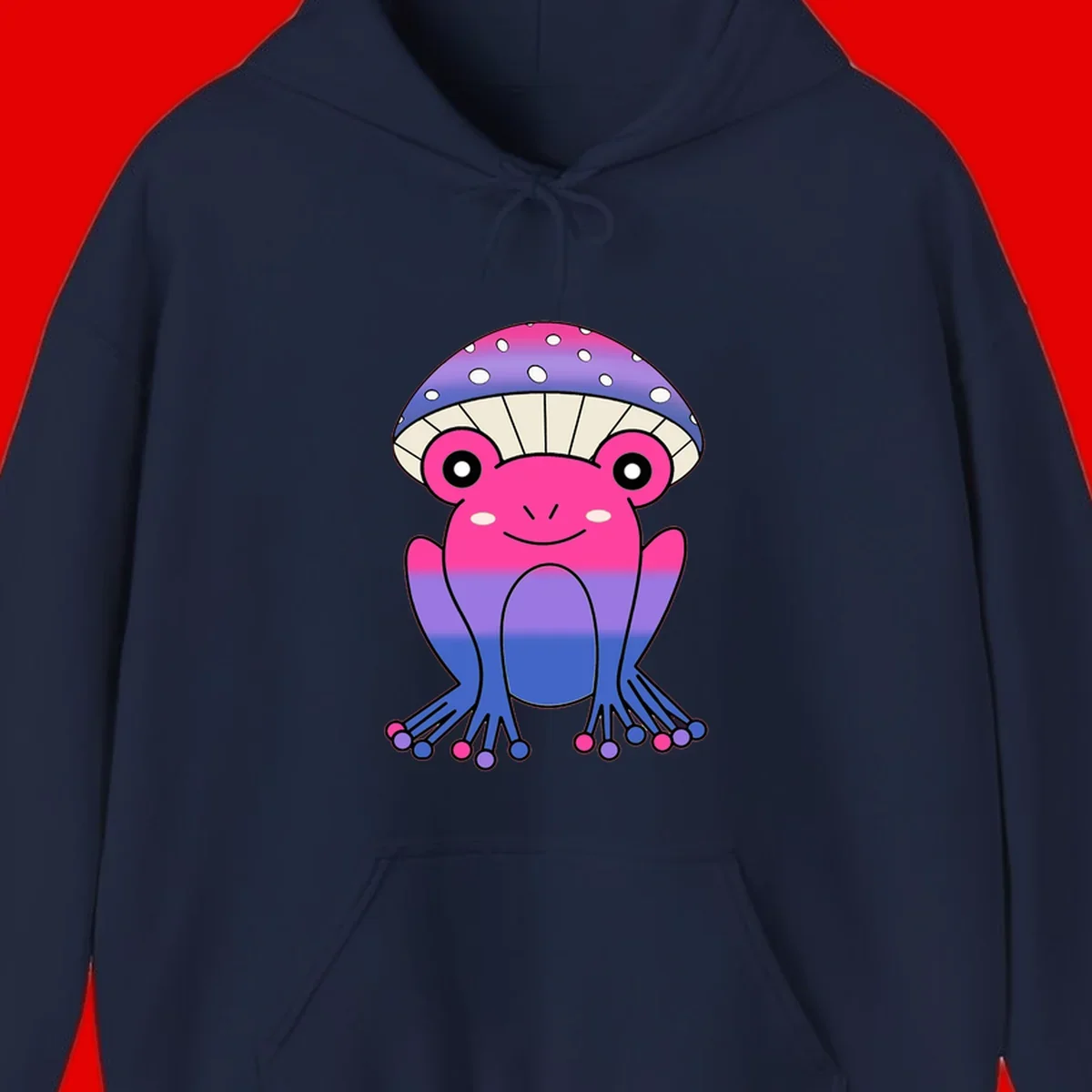 Cute smiling frog character with rainbow gradient body and polka-dotted mushroom cap umbrella design