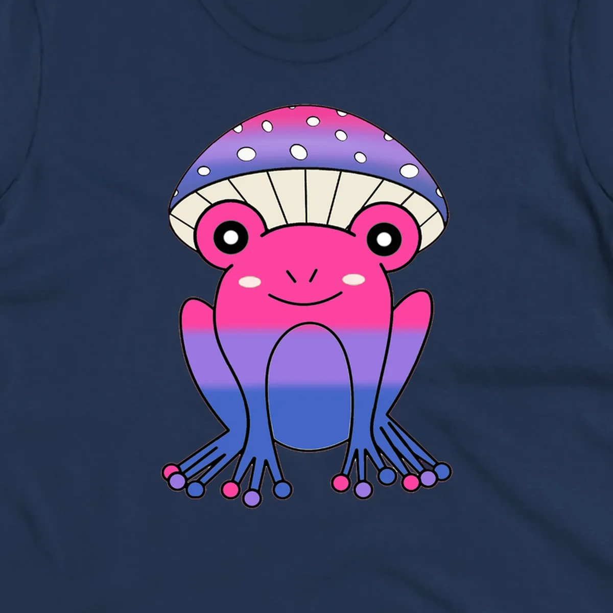 Cute smiling frog character with rainbow gradient body and polka-dotted mushroom cap umbrella design