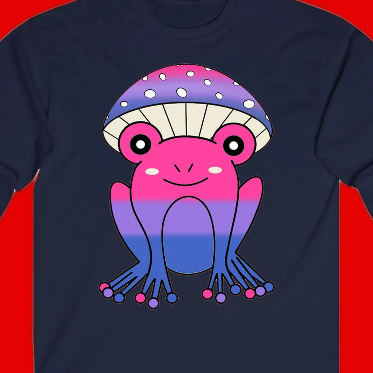 Cute smiling frog character with rainbow gradient body and polka-dotted mushroom cap umbrella design