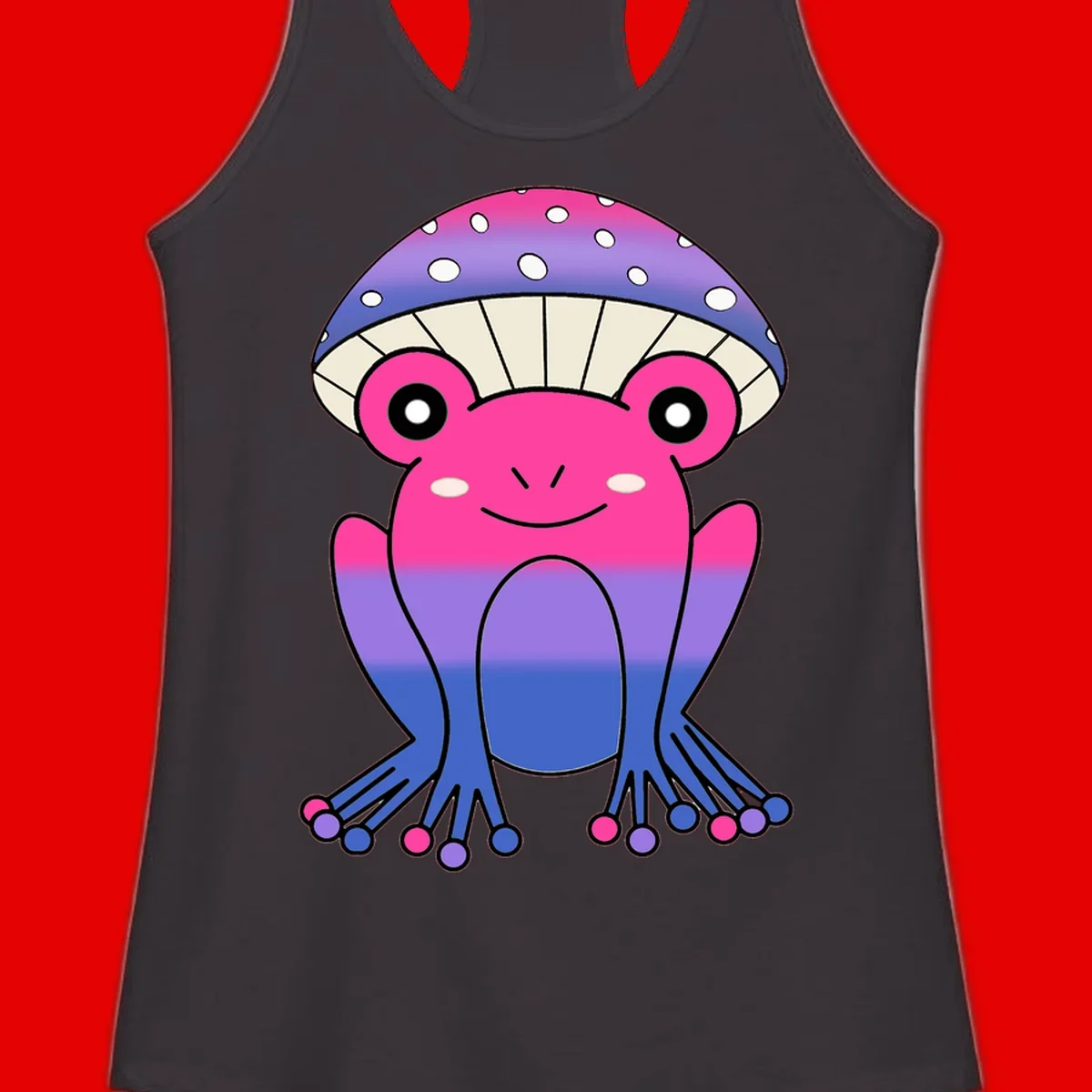 Cute smiling frog character with rainbow gradient body and polka-dotted mushroom cap umbrella design