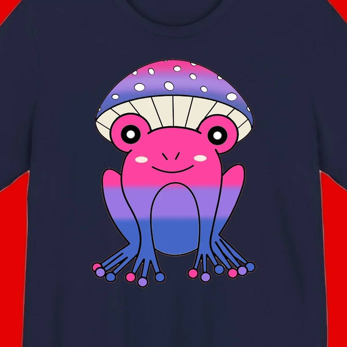 Cute smiling frog character with rainbow gradient body and polka-dotted mushroom cap umbrella design