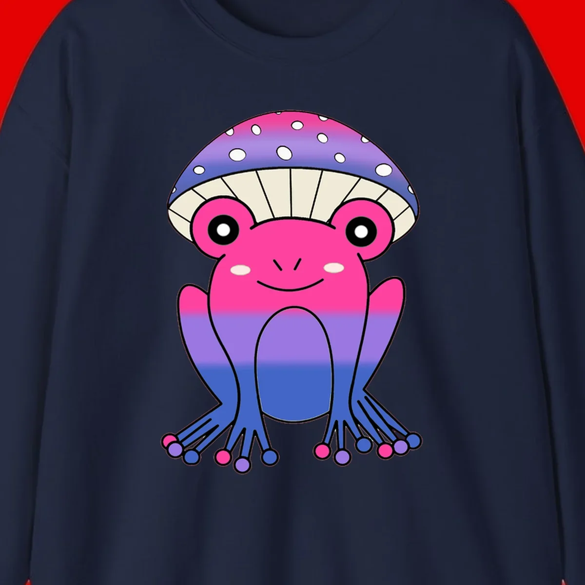 Cute smiling frog character with rainbow gradient body and polka-dotted mushroom cap umbrella design