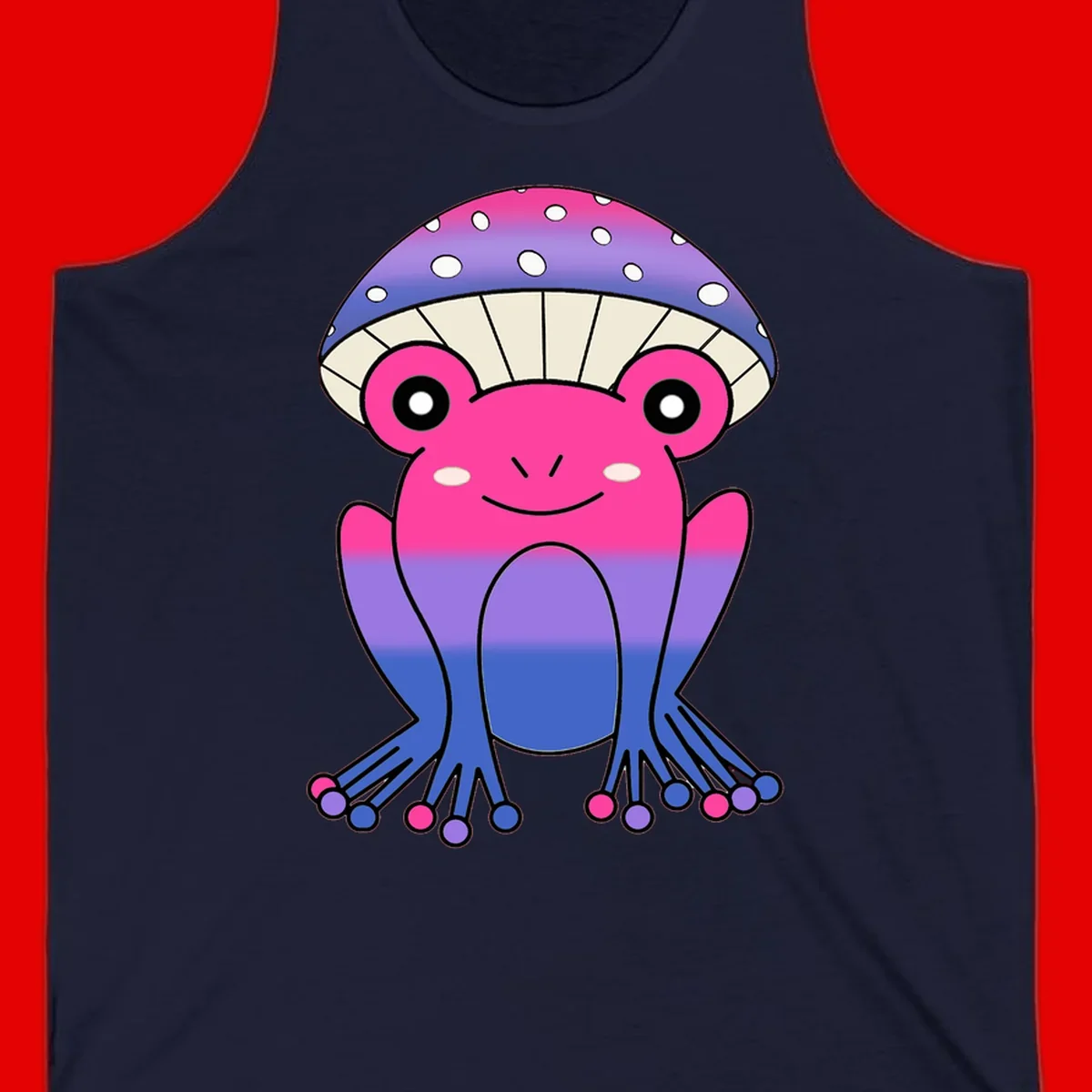 Cute smiling frog character with rainbow gradient body and polka-dotted mushroom cap umbrella design