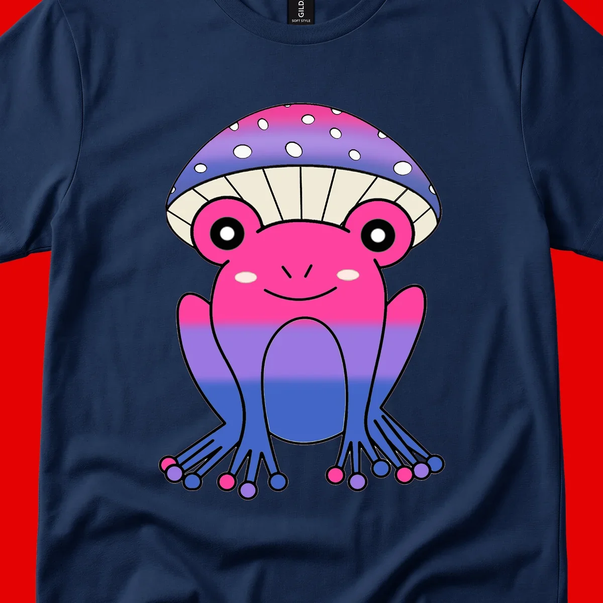 Cute smiling frog character with rainbow gradient body and polka-dotted mushroom cap umbrella design