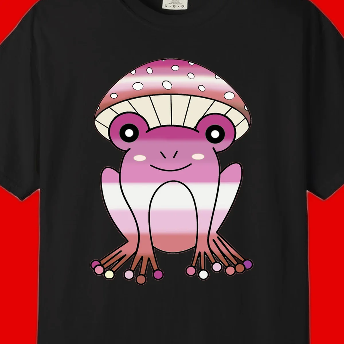 Cute pink mushroom toad character with spotted cap, large eyes, and smiling face wearing gradient pastel colors