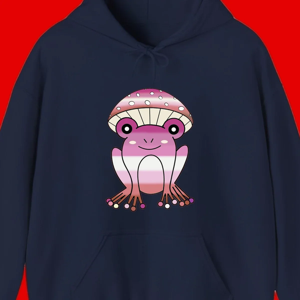 Cute pink mushroom toad character with spotted cap, large eyes, and smiling face wearing gradient pastel colors
