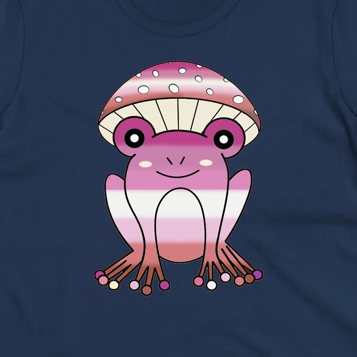 Cute pink mushroom toad character with spotted cap, large eyes, and smiling face wearing gradient pastel colors