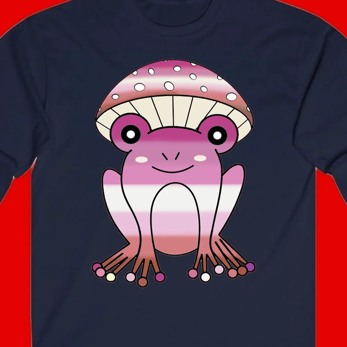 Cute pink mushroom toad character with spotted cap, large eyes, and smiling face wearing gradient pastel colors