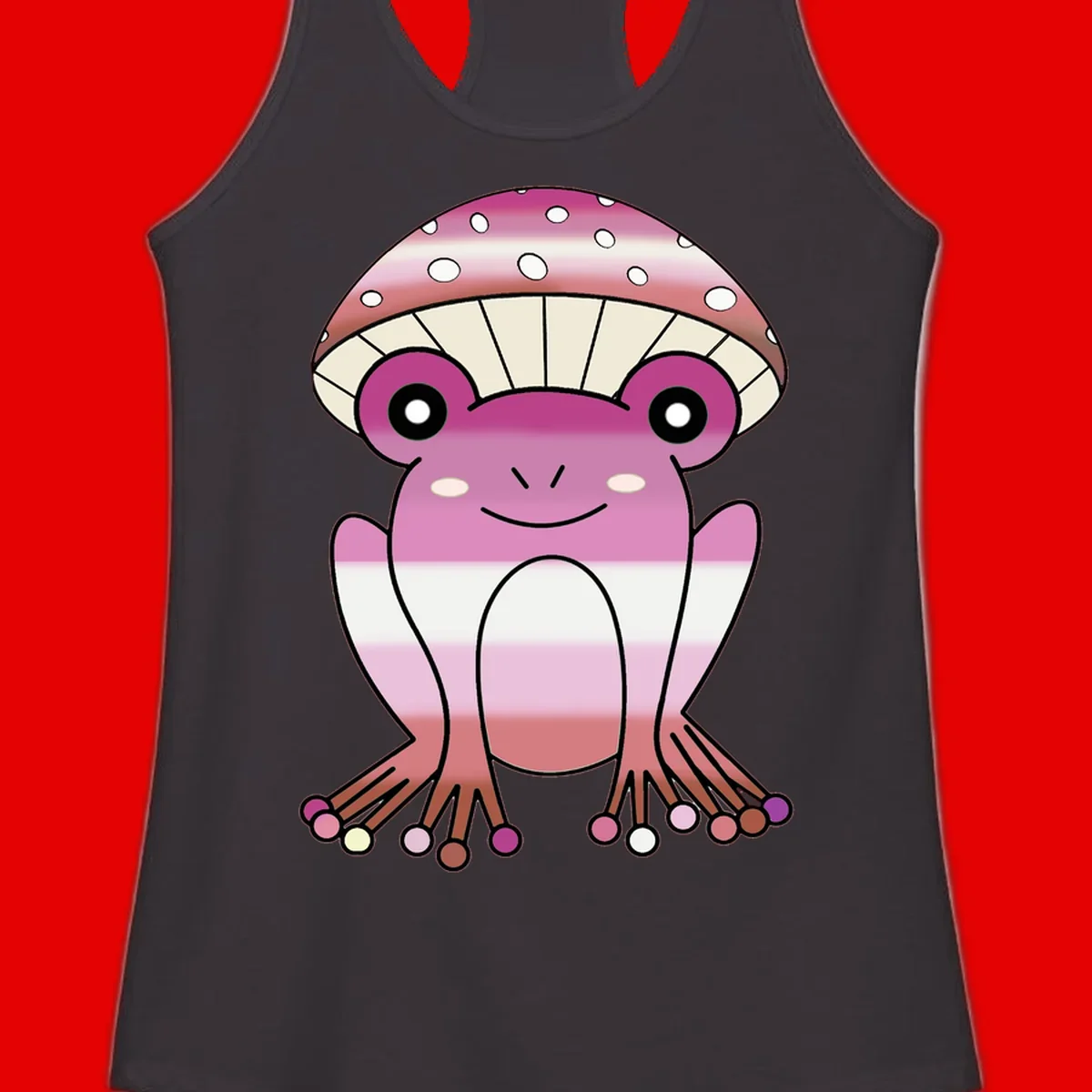 Cute pink mushroom toad character with spotted cap, large eyes, and smiling face wearing gradient pastel colors