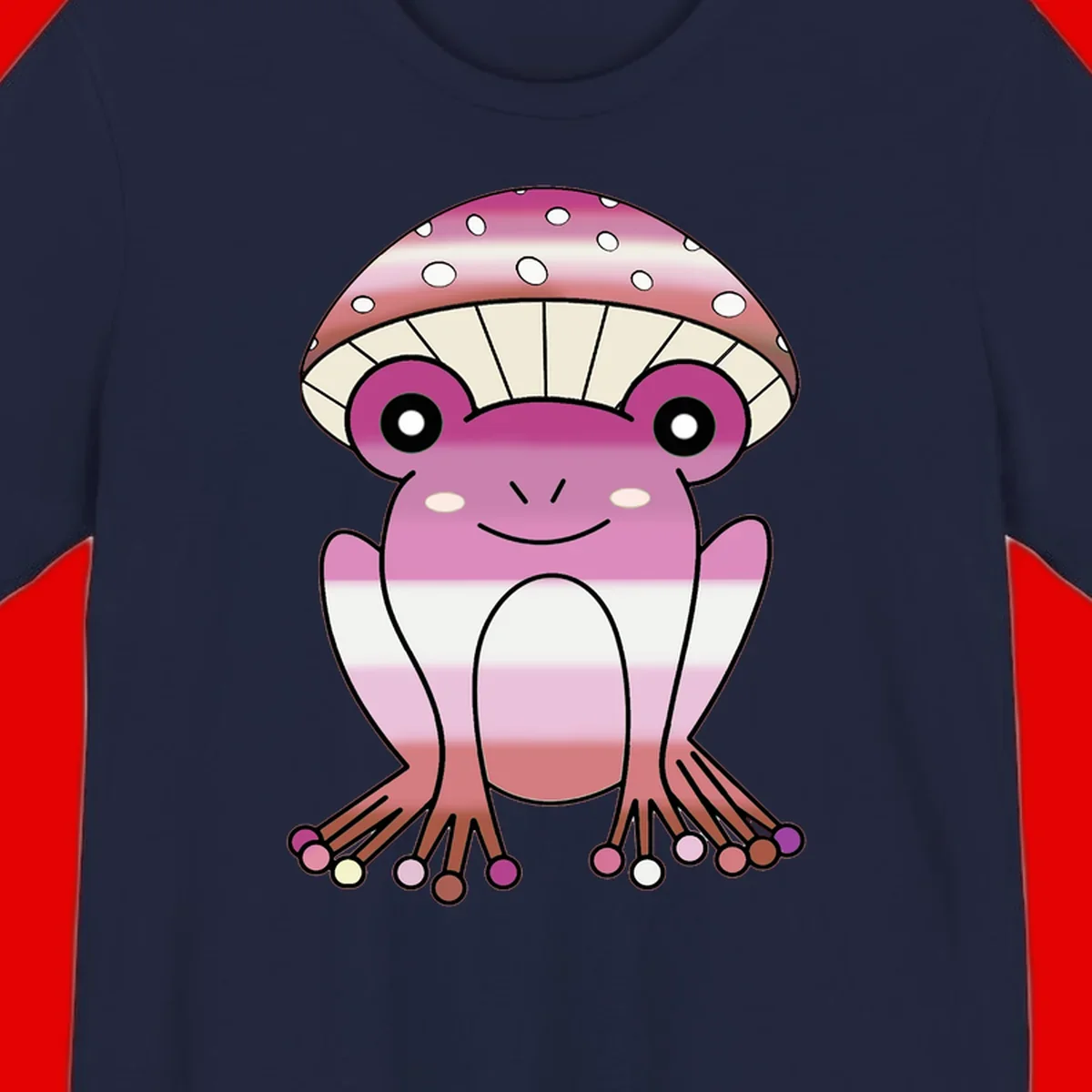 Cute pink mushroom toad character with spotted cap, large eyes, and smiling face wearing gradient pastel colors