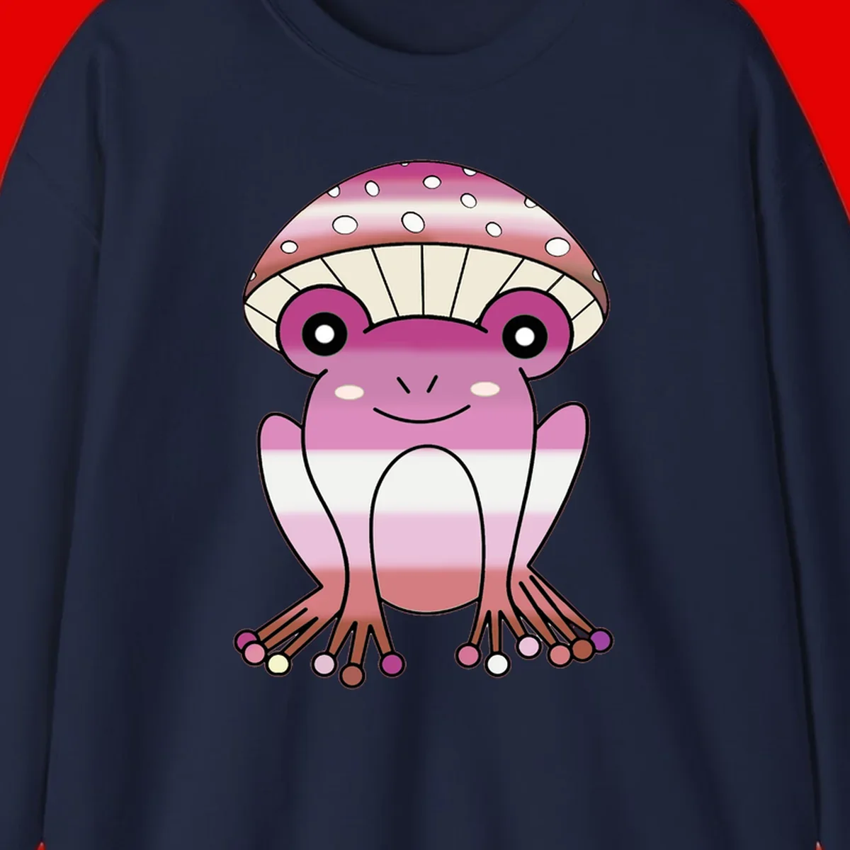 Cute pink mushroom toad character with spotted cap, large eyes, and smiling face wearing gradient pastel colors