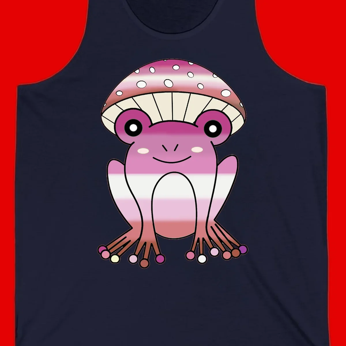 Cute pink mushroom toad character with spotted cap, large eyes, and smiling face wearing gradient pastel colors