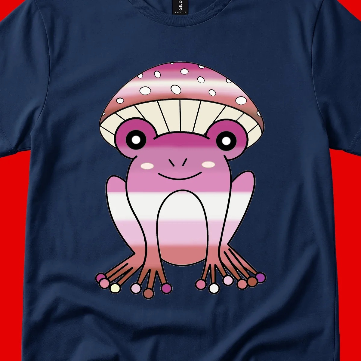Cute pink mushroom toad character with spotted cap, large eyes, and smiling face wearing gradient pastel colors