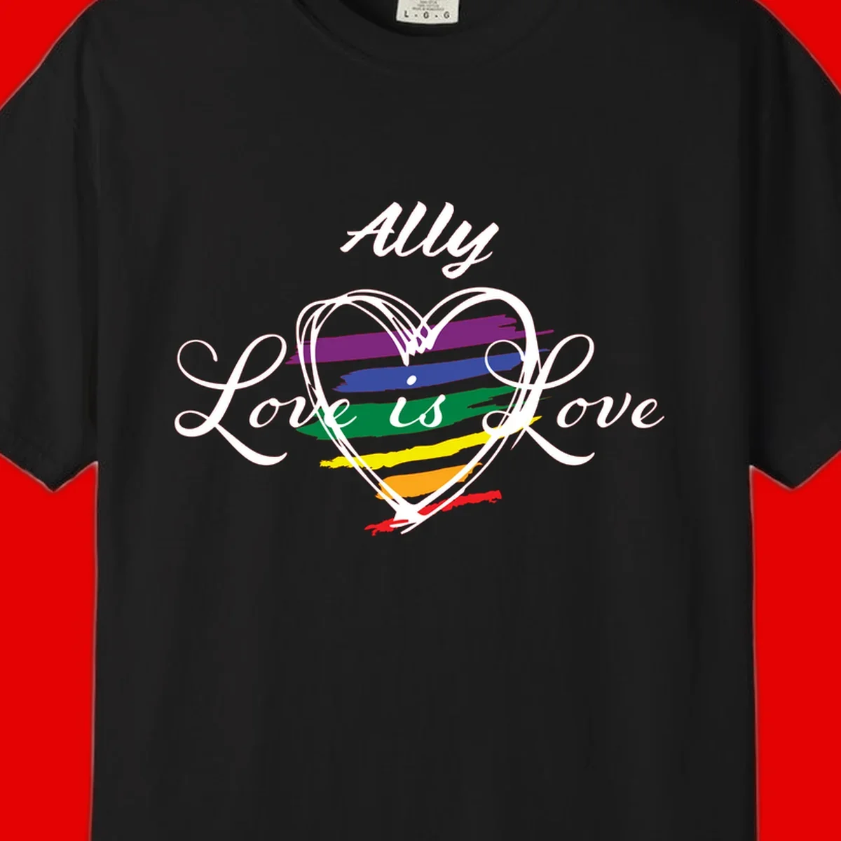 White outlined heart with rainbow stripes and 'Ally Love is love' text for pride support