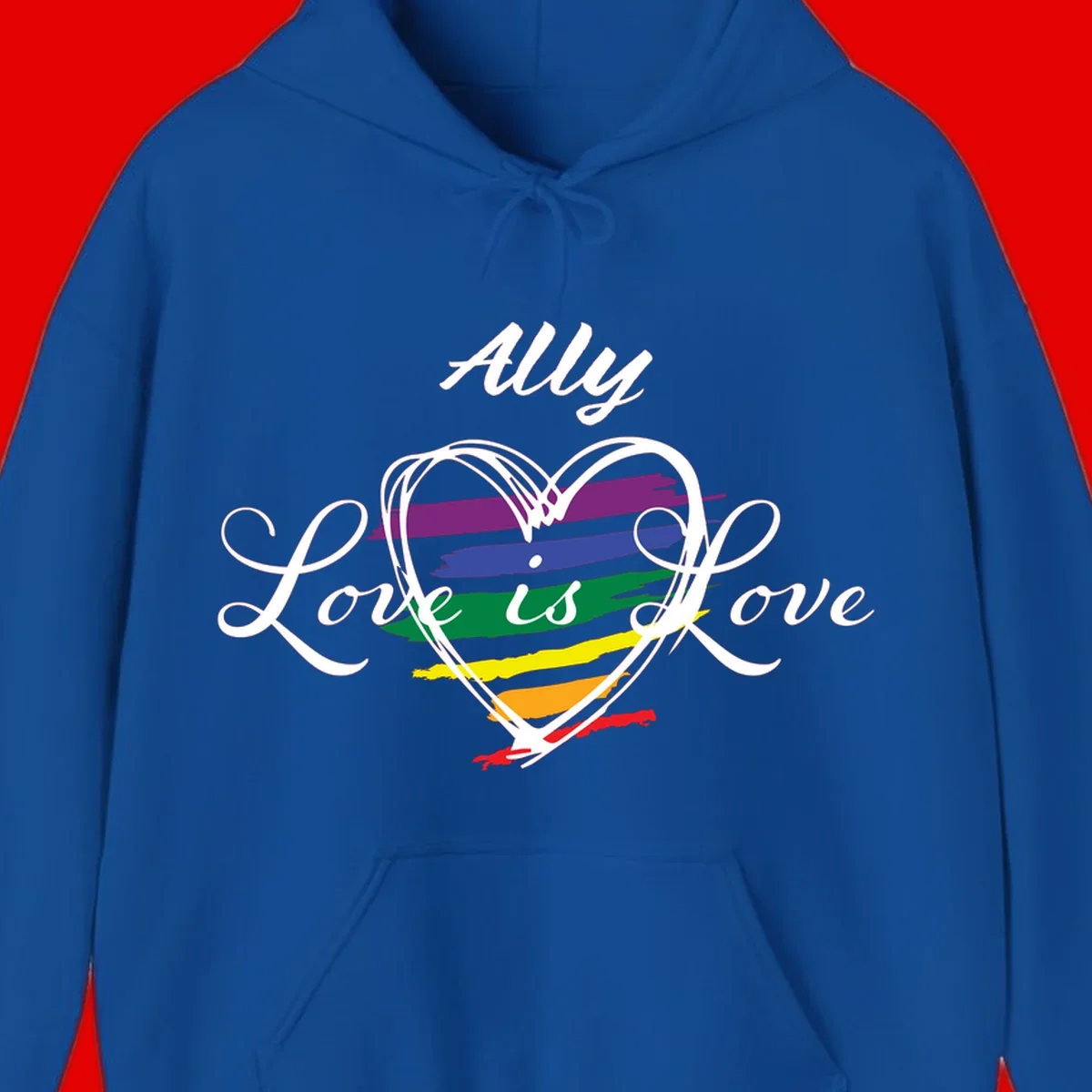 White outlined heart with rainbow stripes and 'Ally Love is love' text for pride support