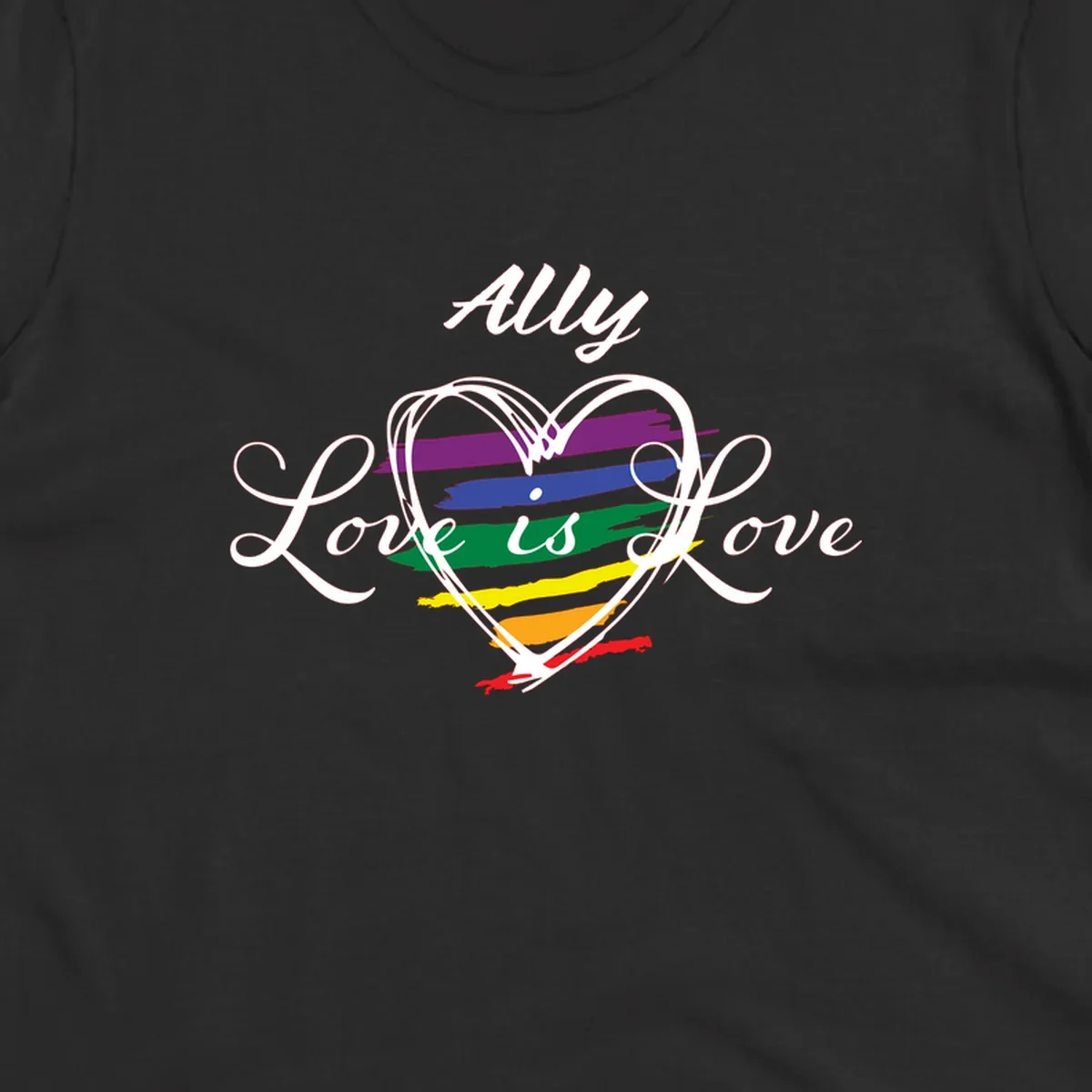 White outlined heart with rainbow stripes and 'Ally Love is love' text for pride support