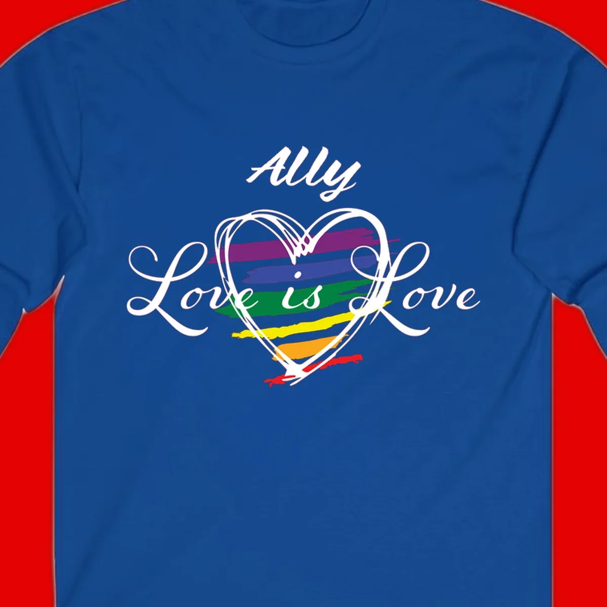 White outlined heart with rainbow stripes and 'Ally Love is love' text for pride support