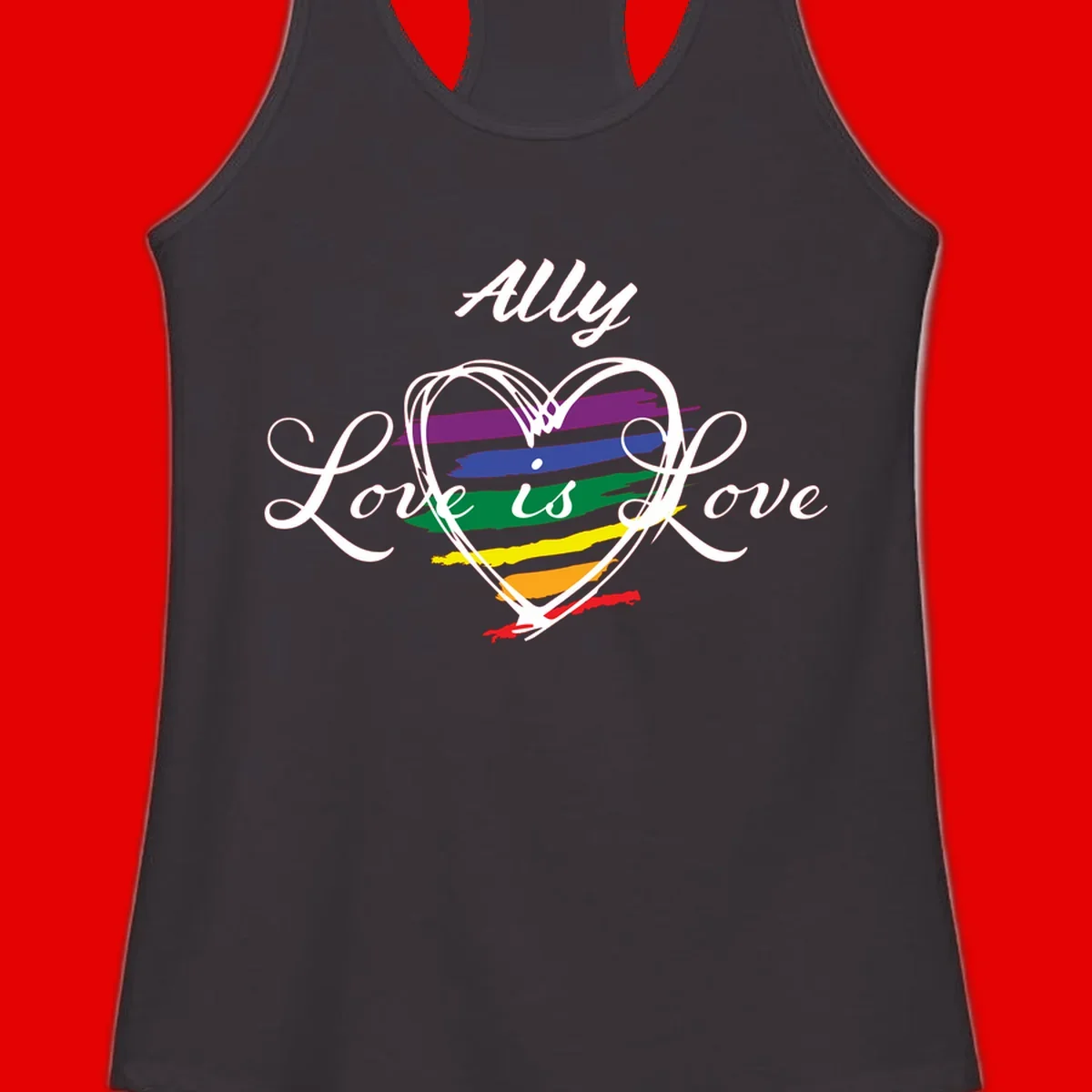 White outlined heart with rainbow stripes and 'Ally Love is love' text for pride support