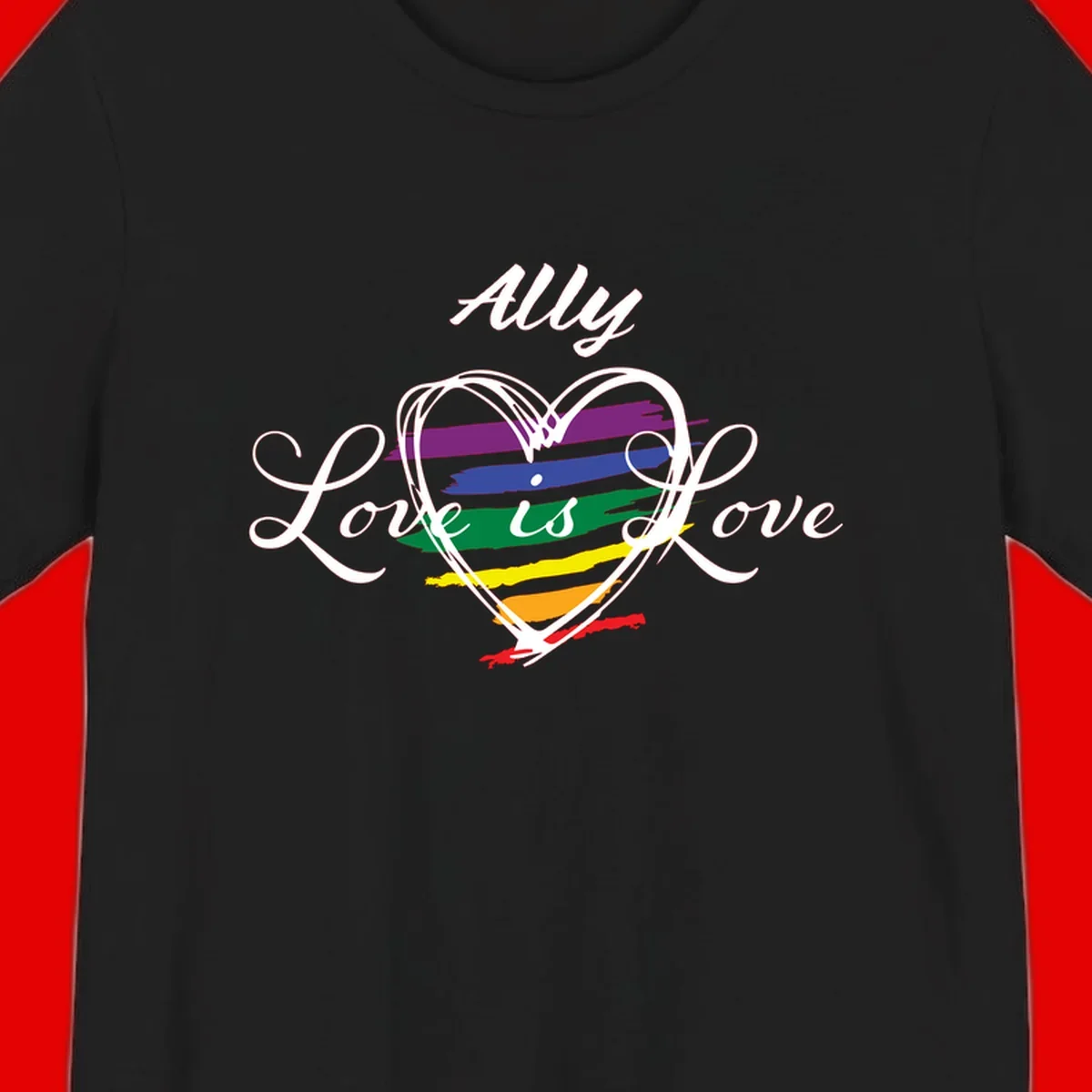 White outlined heart with rainbow stripes and 'Ally Love is love' text for pride support