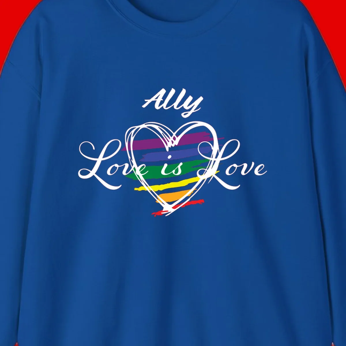 White outlined heart with rainbow stripes and 'Ally Love is love' text for pride support