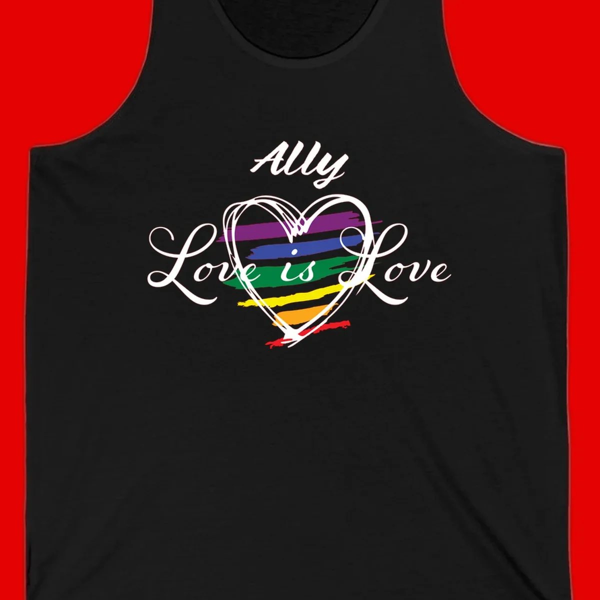 White outlined heart with rainbow stripes and 'Ally Love is love' text for pride support